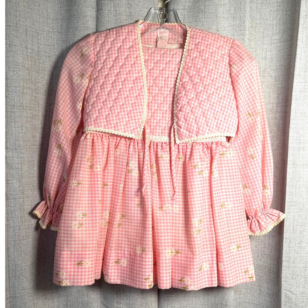 Vintage Ruth of Carolina Gingham Daisy Quilted Dress and Jacket Set Pink White